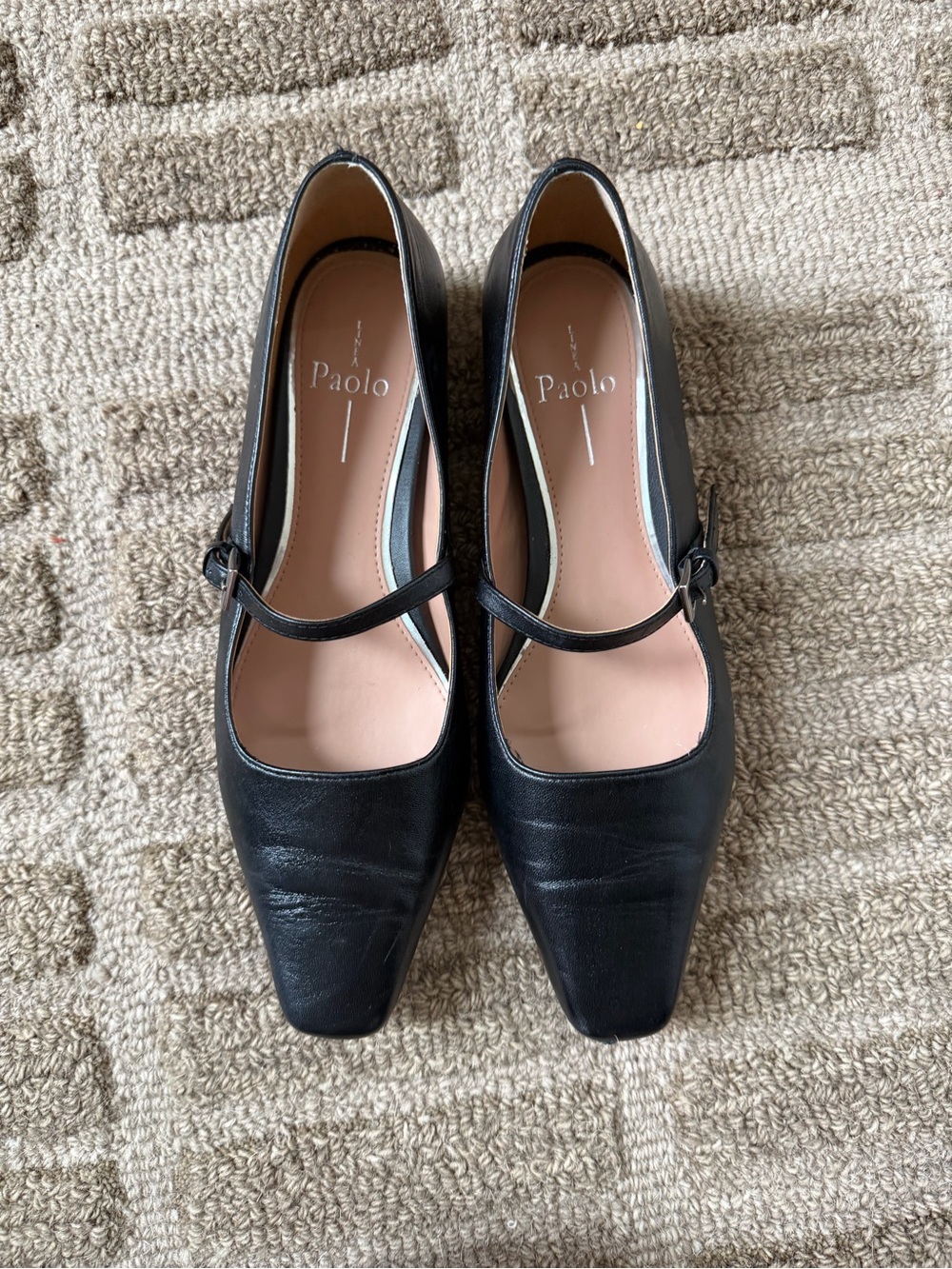 Paolo Black Leather Square-Toe Mary Jane Flats